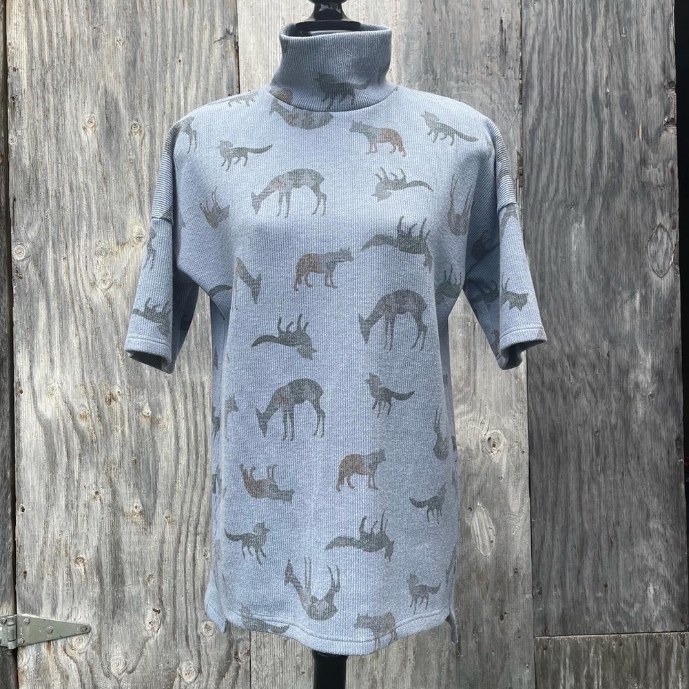 UFA Blue Ribbed Funnel Neck Short Short Tunic Forest Animals Print
